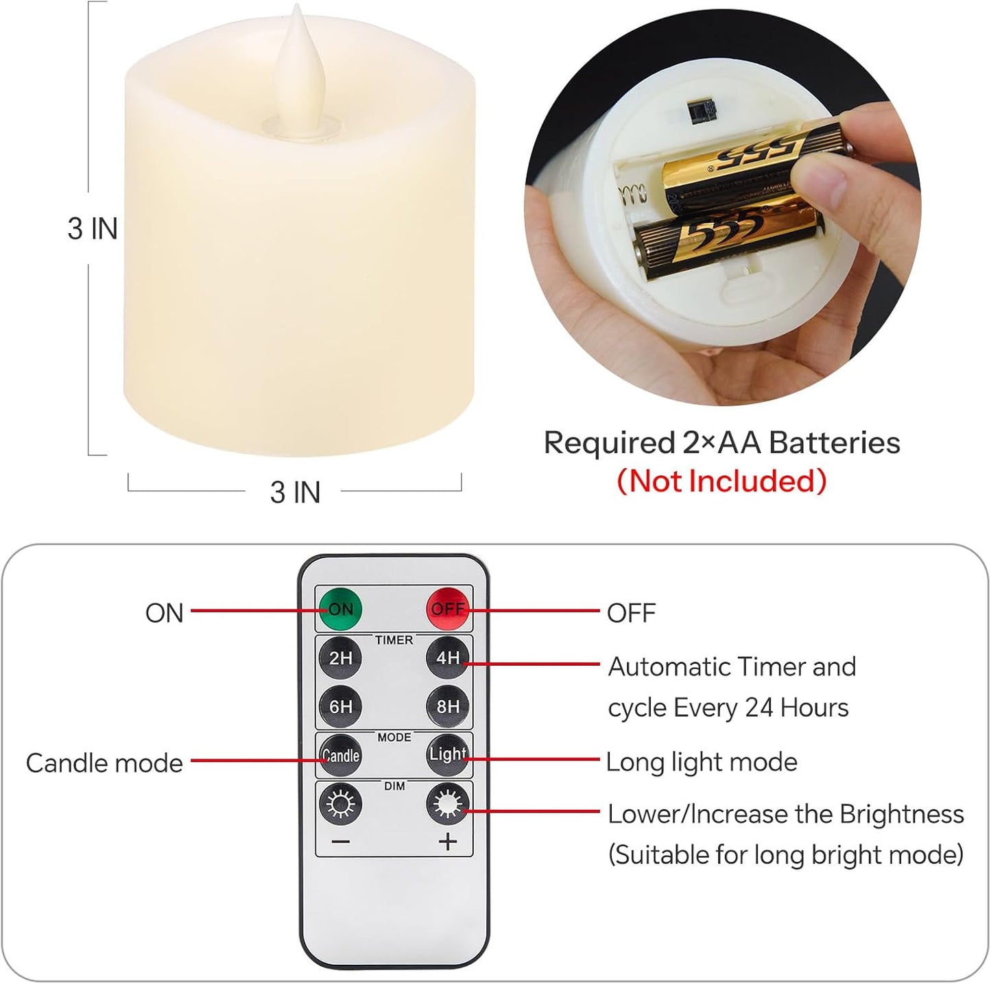 3x4 Flickering Flameless Candles Set of 3,Real Wax Pillar LED Candles,with Timer,4 inch Flameless Candles with Remote,for Party Wedding Holiday Home Decor,Ivory