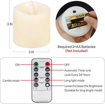 3x4 Flickering Flameless Candles Set of 3,Real Wax Pillar LED Candles,with Timer,4 inch Flameless Candles with Remote,for Party Wedding Holiday Home Decor,Ivory