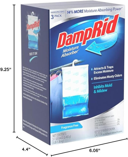 DampRid Fragrance Free Hanging Moisture Absorber, 16 oz., 3 Pack - Eliminates Musty Odors for Fresher Air, Ideal Moisture Absorbers for Closet, 14% More Moisture Absorbing Power*