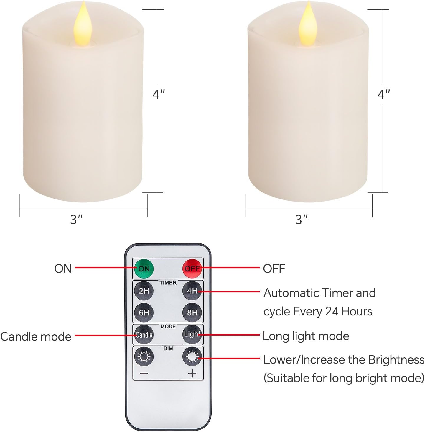3x3 Flameless Candles with Remote Set of 2, 3 inch Battery Candles Flickering with Timer, LED Pillar Candle for Indoor/Outdoor, White