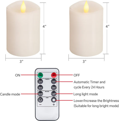 3x3 Flameless Candles with Remote Set of 2, 3 inch Battery Candles Flickering with Timer, LED Pillar Candle for Indoor/Outdoor, White