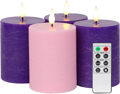 Fanna Flameless LED Pillar Candles with Timer for Wreath, Battery Operated Rustic Wax Candles with Remote for Christmas, 8 Batteries Included - Set of 4 (D 3" x H 4") - Ivory