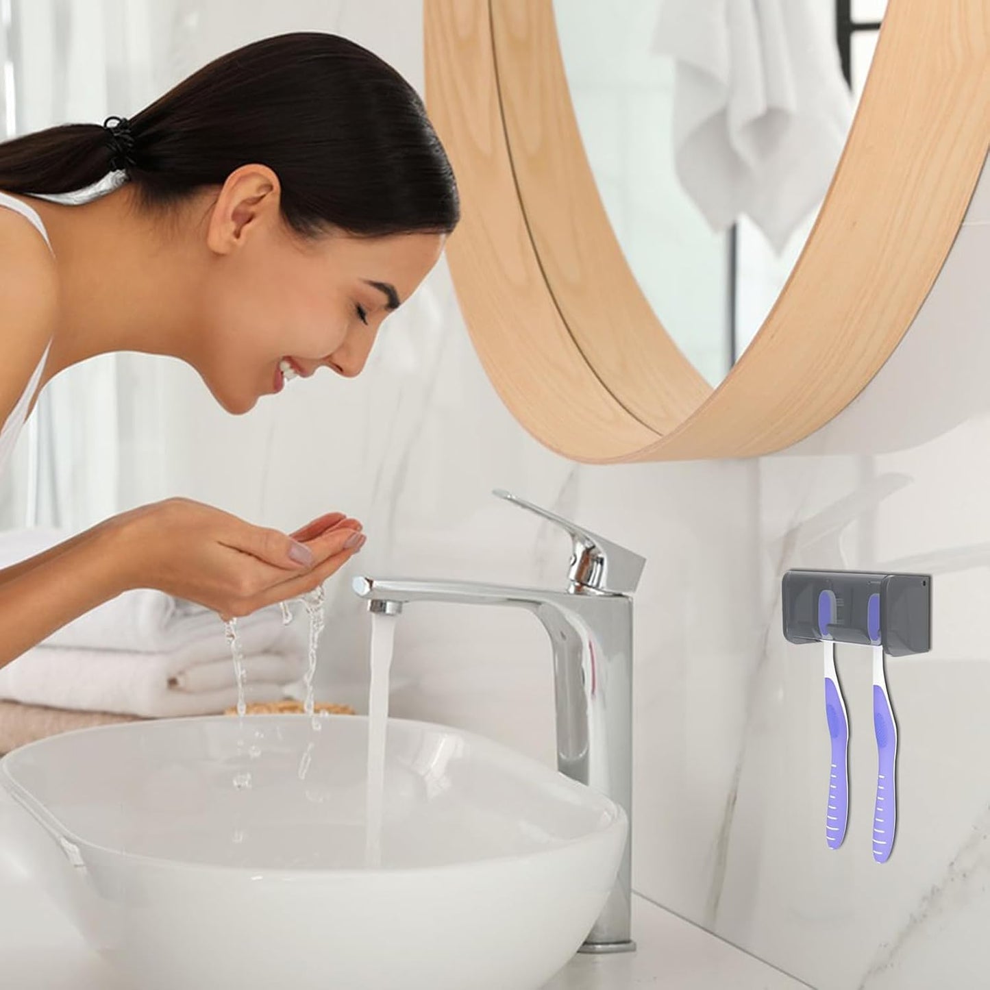 5 Slots Toothbrush Holder Wall Mount with Cover, Self Adhesive Toothbrushes Storage Organizer Perfect for Dorm Bathrooms and Shower, Holds 5 Toothbrushes. (White)