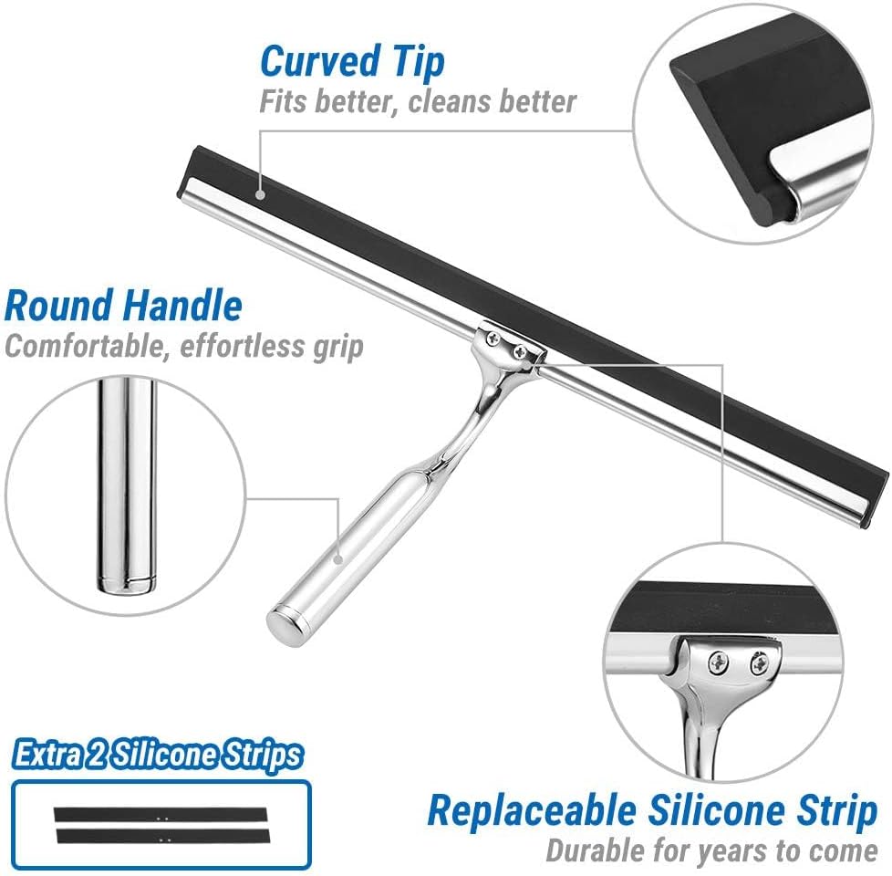 ecooe Silicone Shower Squeegee with Hanger, 13″/33cm Shower Glass Cleaner Wiper, Black Window Squeegee Scraper with Stainless Steel Core for Home Bathroom Kitchen Car Glass Doors