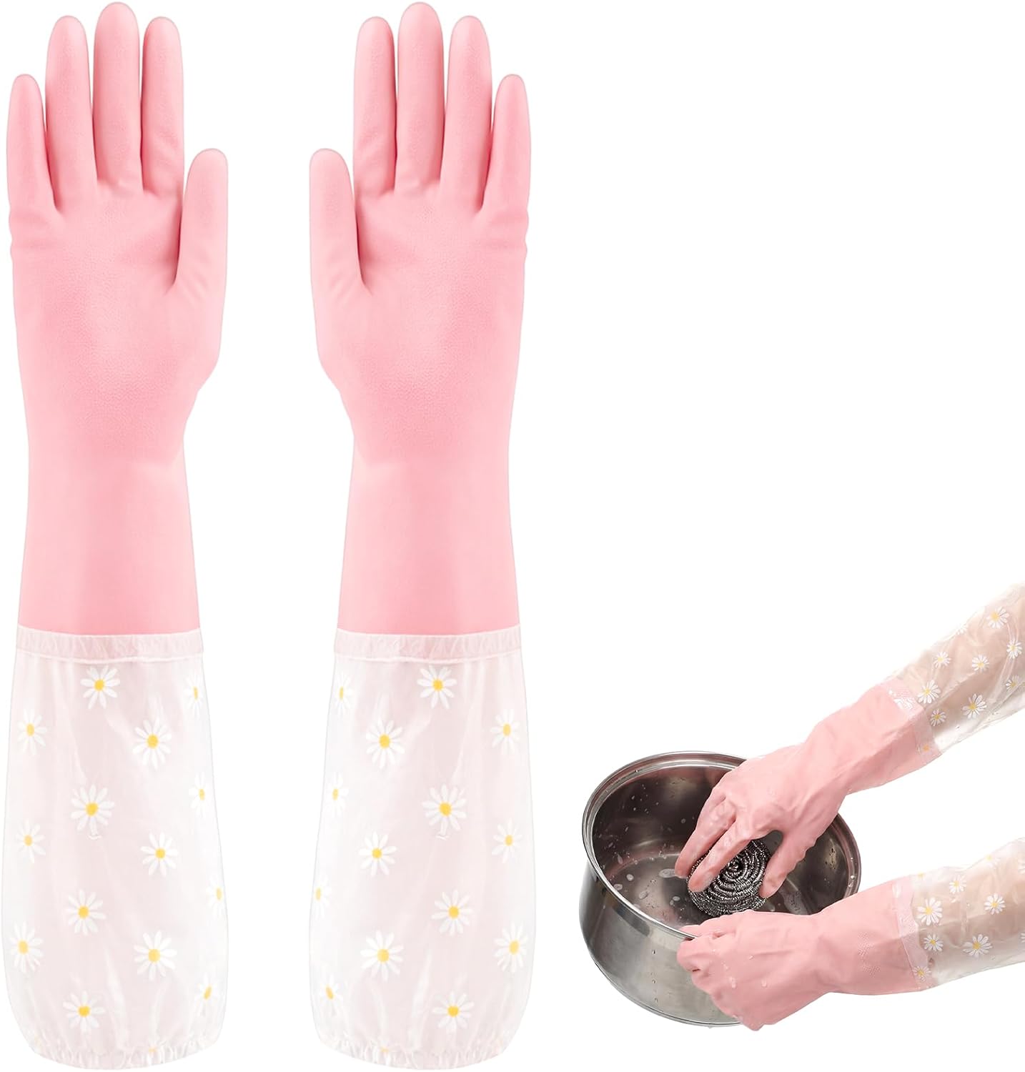 Reusable Pink Rubber Gloves, Pink Dishwashing Cleaning Gloves, Non-Slip Laundry Kitchen Gardening Household Gloves with Long Elastic Cuffs