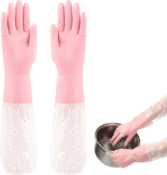 Reusable Pink Rubber Gloves, Pink Dishwashing Cleaning Gloves, Non-Slip Laundry Kitchen Gardening Household Gloves with Long Elastic Cuffs