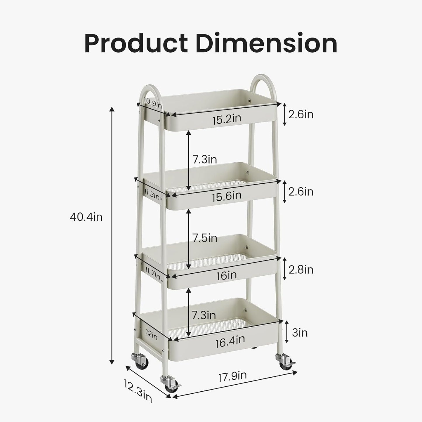 DUMOS 3 Tiers Rolling Cart, Utility Cart, Metal, White | Mobile Storage, Lockable Wheels, Utility Shelving Unit, Kitchen, Bathroom, Laundry, Narrow Places