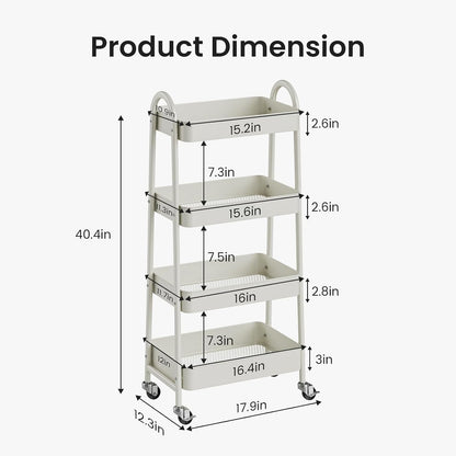 DUMOS 3 Tiers Rolling Cart, Utility Cart, Metal, White | Mobile Storage, Lockable Wheels, Utility Shelving Unit, Kitchen, Bathroom, Laundry, Narrow Places