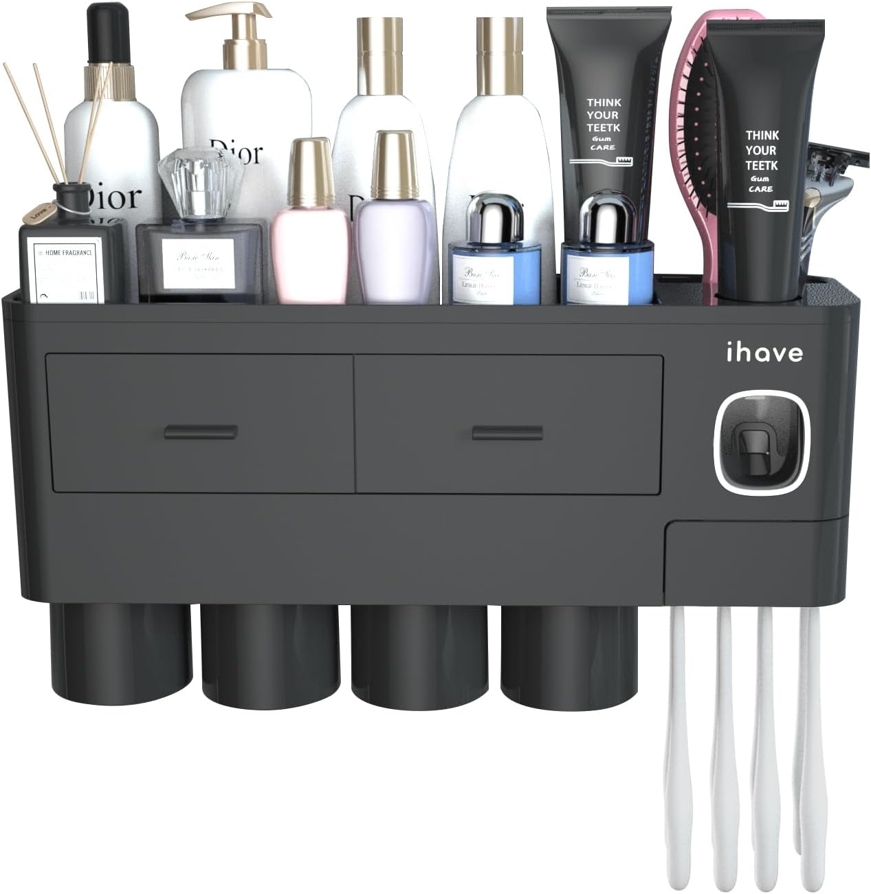 iHave Toothbrush Holders for Bathrooms, 2 Cups Toothbrush Holder Wall Mounted with Toothpaste Dispenser - Large Capacity Tray, Cosmetic Drawer - Tooth Brushing Holder & Bathroom Accessories