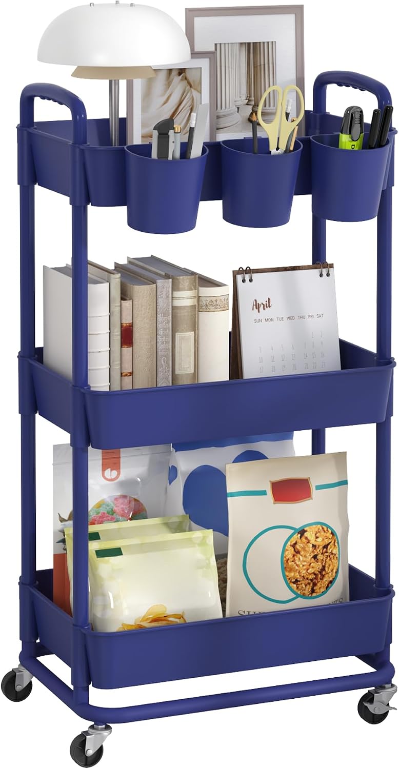 JIUYOTREE 4-Tier Plastic Rolling Storage Cart Utility Cart with Extra Hanging Cups Handles Lockable Wheels for Living Room Bathroom Kitchen Office White