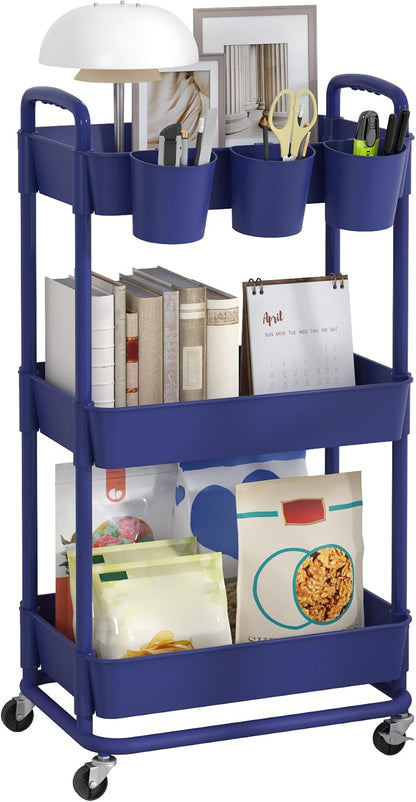 JIUYOTREE 4-Tier Plastic Rolling Storage Cart Utility Cart with Extra Hanging Cups Handles Lockable Wheels for Living Room Bathroom Kitchen Office White