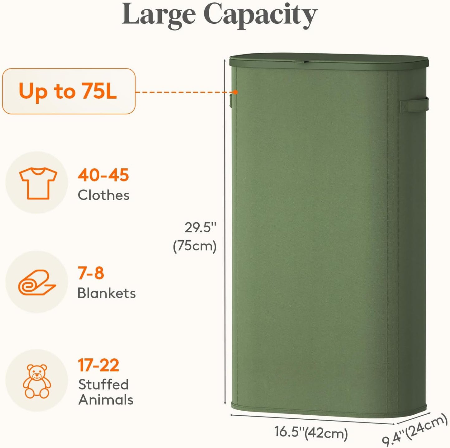 Lifewit Slim Laundry Basket with Lid, Narrow Laundry Hamper with Plastic Handles and Removable Bag, Tall Foldable Dirty Clothes Hampers for Laundry Room, Bedroom, Bathroom, Dorm, 65L Beige