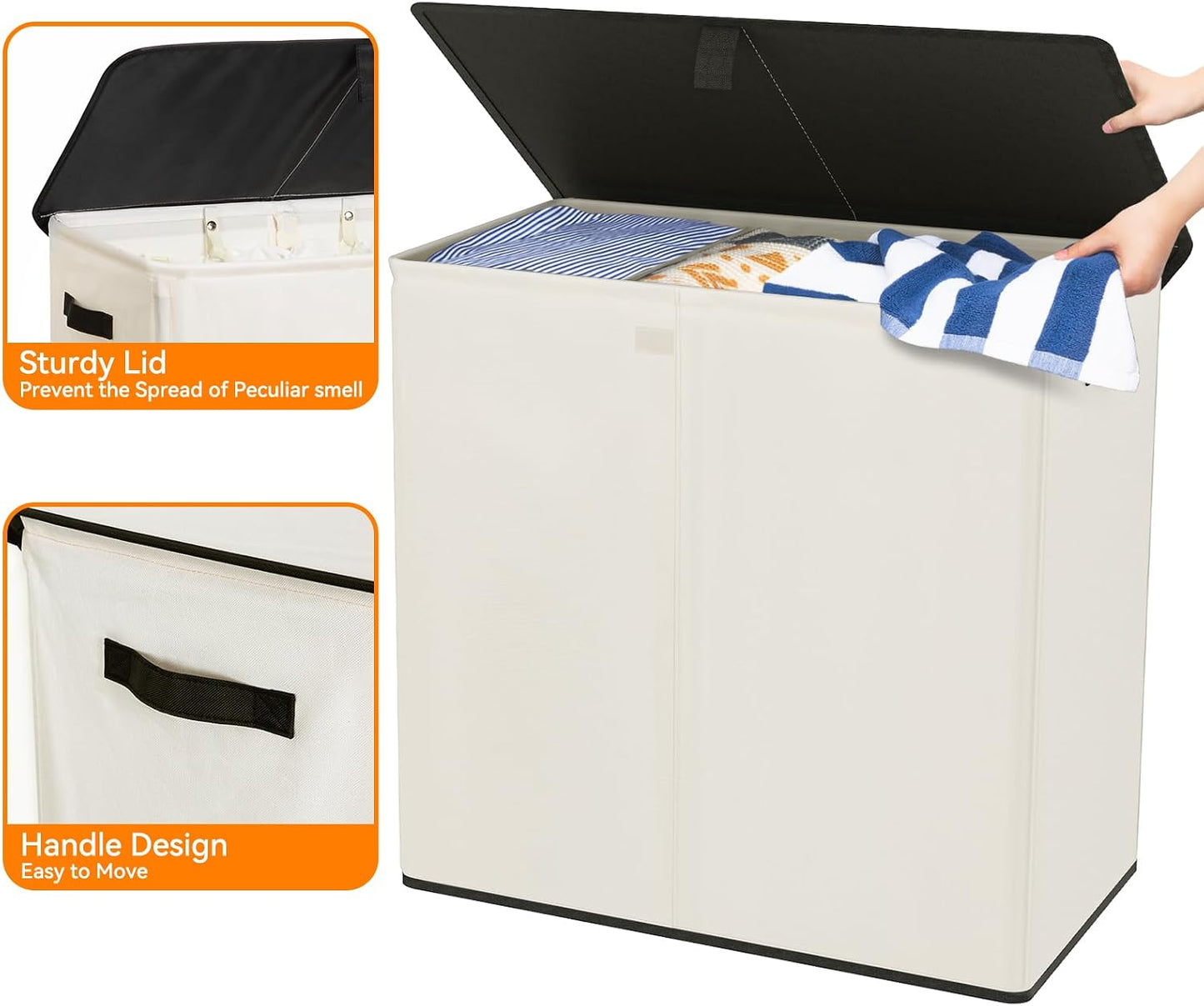 WOWLIVE Laundry Hamper with Lid,160L Large Laundry Basket 3 Section with Removable Washing Bags,Collapsible Waterproof Dirty Clothes Hamper for Laundry Room Bathroom Dorm,Beige