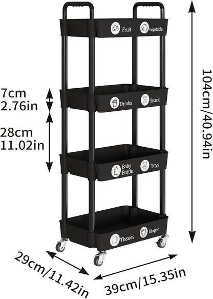 Laiensia 3-Tier Rolling Cart with Wheels,Multifunction Utility Storage Carts, Kitchen Storage Organizer,Mobile Shelving Unit for Bathroom,Laundry,with Classified Stickers,White