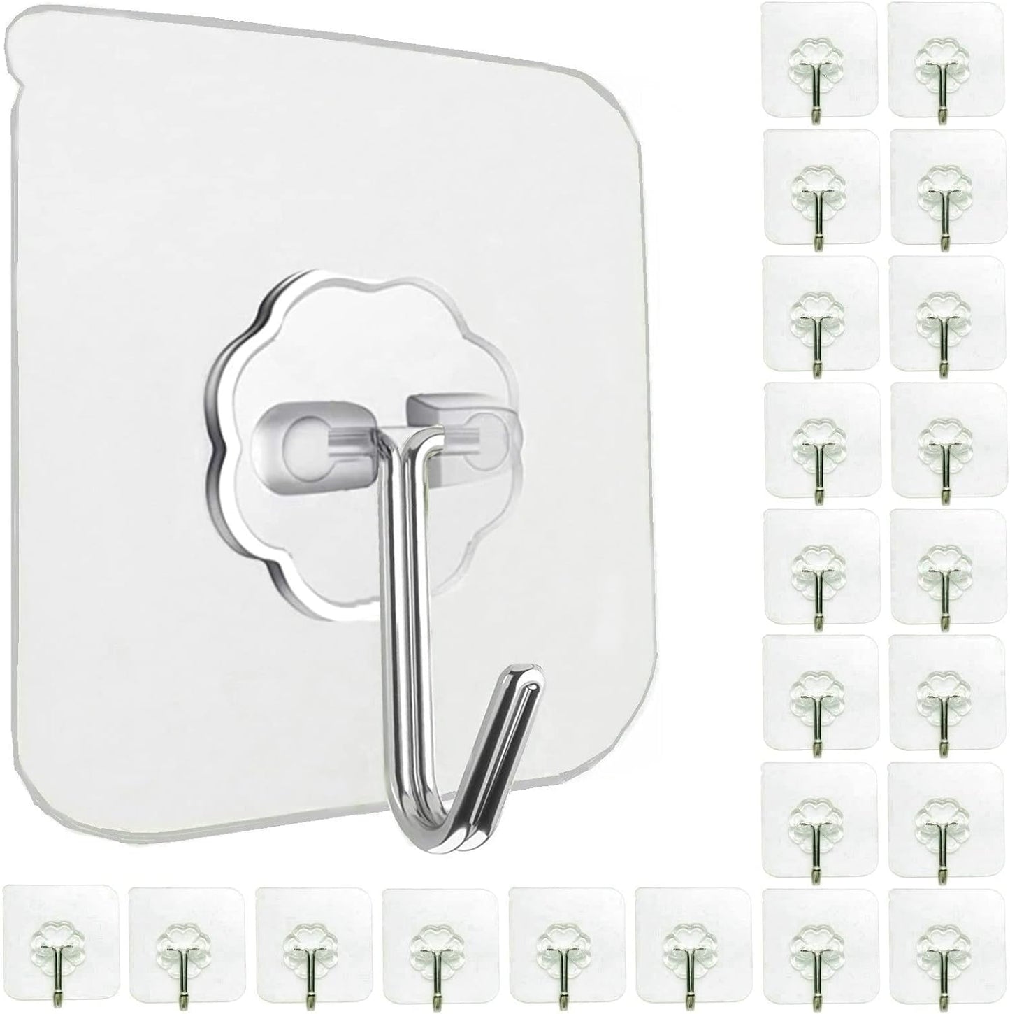 Jwxstore 24 Pack Adhesive Wall Hooks 33LB Heavy Duty No Drill Transparent Waterproof Hooks for Bathroom Kitchen Towel Coat Office Home Outdoor