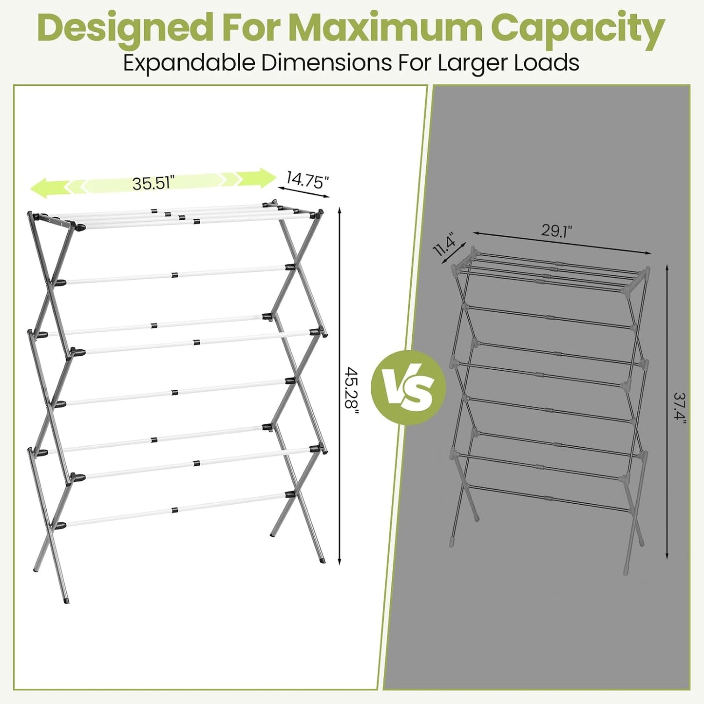 APEXCHASER Extra Large Clothes Drying Rack, Foldable & Extendable Laundry Rack with Adjustable Size (20.87"-35.43" L), Space-Saving, Rust-Resistant Frame for Indoor/Outdoor Use, White