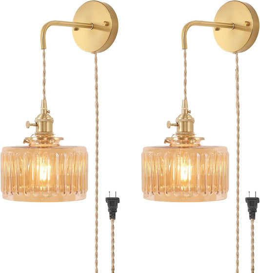 Shenmoyl Vintage Battery Operated Wall Sconce with Clear Striped Glass Lampshade 5000 mAh Rechargeable Battery Powered Wall Light with Remote Control for Bedside Bedroom Doorway, Set of 2