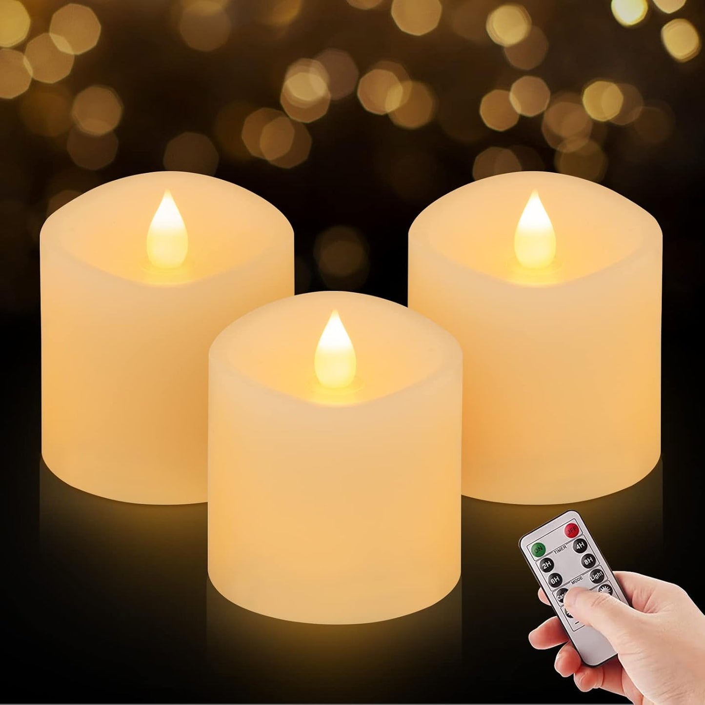 3x3 Flickering Flameless Candles Set of 2, 2AA Battery Life 600 Hours Battery Candles Flickering with Timer,3 inch Flameless Candles with Remote for Indoor/Outdoor, Ivory
