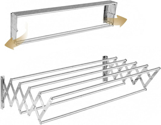 Wall Mounted Drying Rack, Wall Mount Clothes Drying Rack Retractable, Space Saving Accordion Laundry Rack with 7 Staggered Rods, Wall Drying Rack for Bathroom Laundry Room Balcony