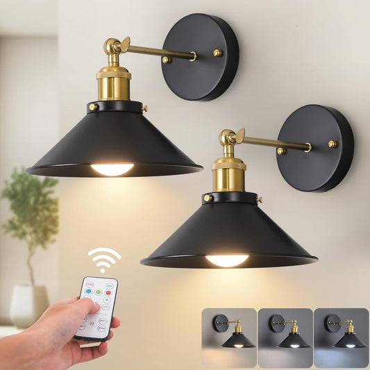 Bailoch Black Vintage Wireless Battery Operated Wall Sconces, Industrial Cordless Battery Powered Led Wall Lights Set of 2, Wall Lamp Fixture Indoor with Remote Control for Bedroom Farmhouse Gallery