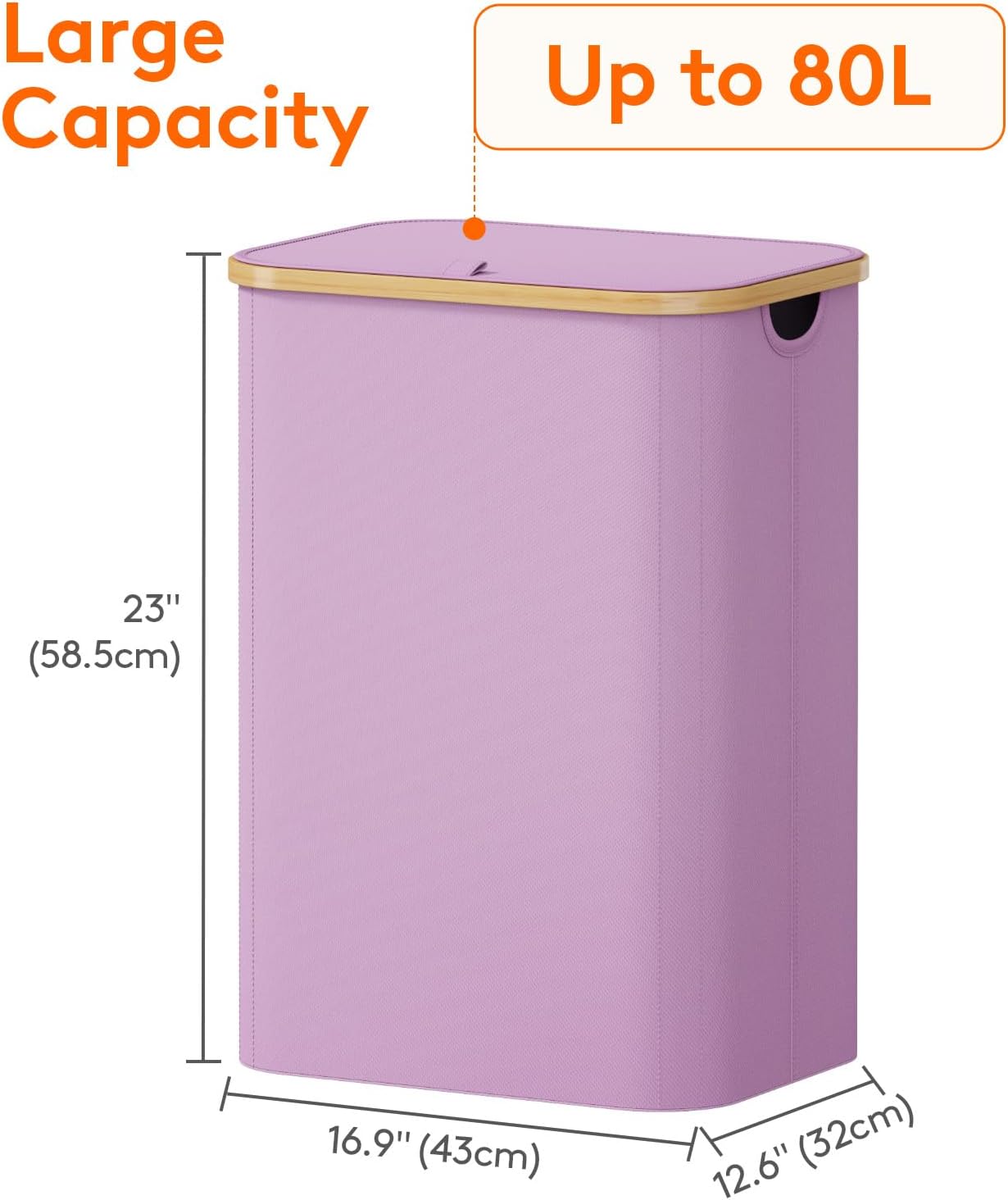 Lifewit 120L Laundry Basket with Lid, Clothes Hampers for Laundry with Bamboo Handles and 2 Removable Bag, Large Foldable Laundry Hamper for Bedroom, Bathroom, Dorm, Laundry Room, Beige