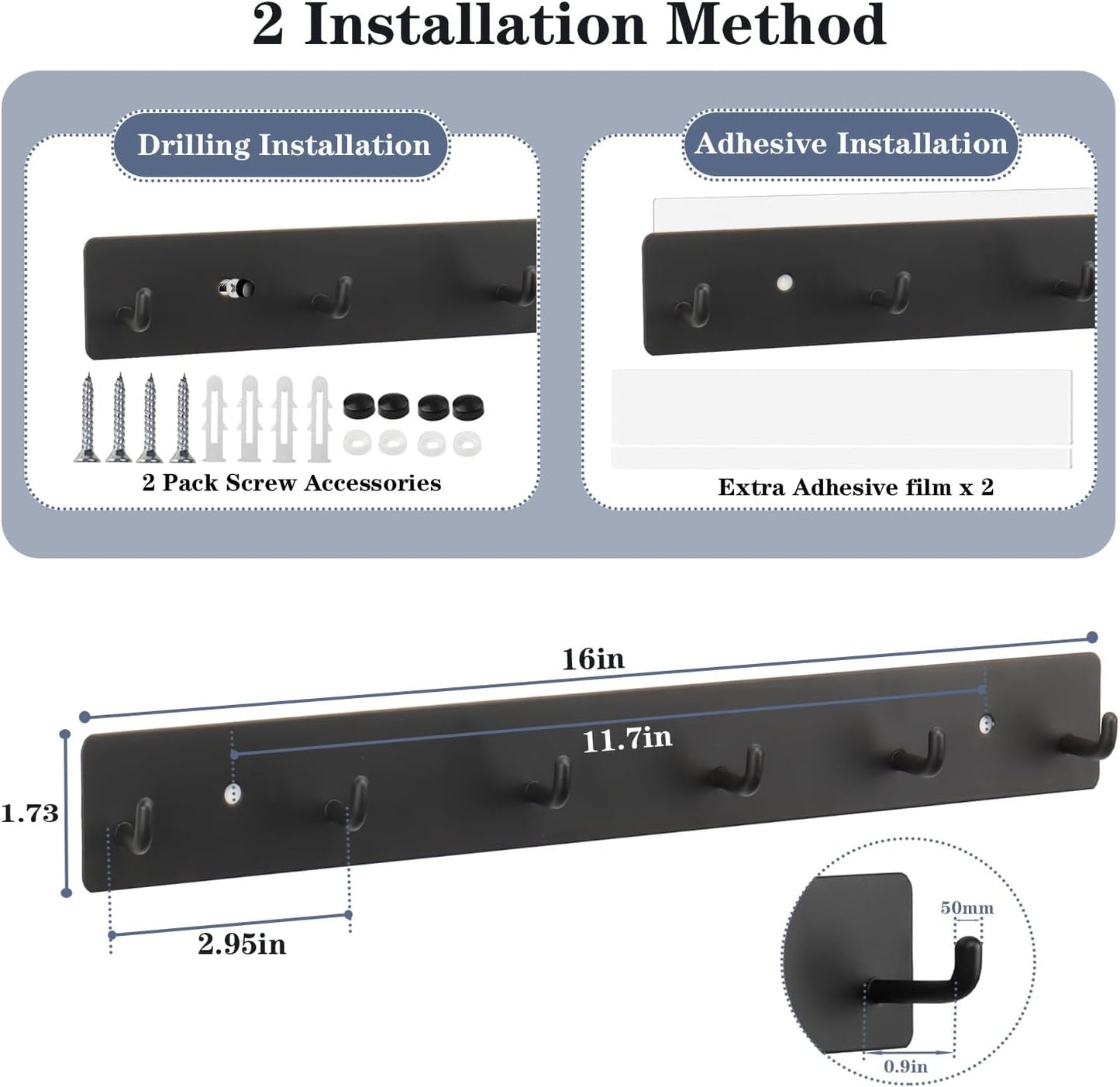 Coat Rack Wall Mounted, Heavy Duty Wall Hooks for Hanging Keys Purse Towel Coat, Premium Stainless Steel Entry Coat Hooks Rack, Large Adhesive Key Holder Towel Racks for Bathroom RV (Black)