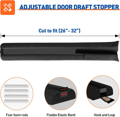 MAGZO Door Draft Stopper, 32 Inch Adjustable Under Door Gap Filler, Fits 26'' - 32'' Bottom Widths, Seals Gaps up to 1.7", Soundproof Sweep Blocks Air, Noise, Light, Dust- Grey