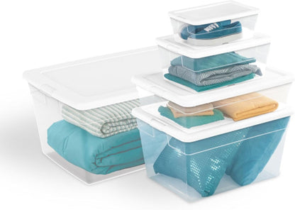 Sterilite 6 Pack Storage Box, 41 Quart Stackable Tote, Clear Plastic Container with Secure Snapping White Lids for Home and Office Organization