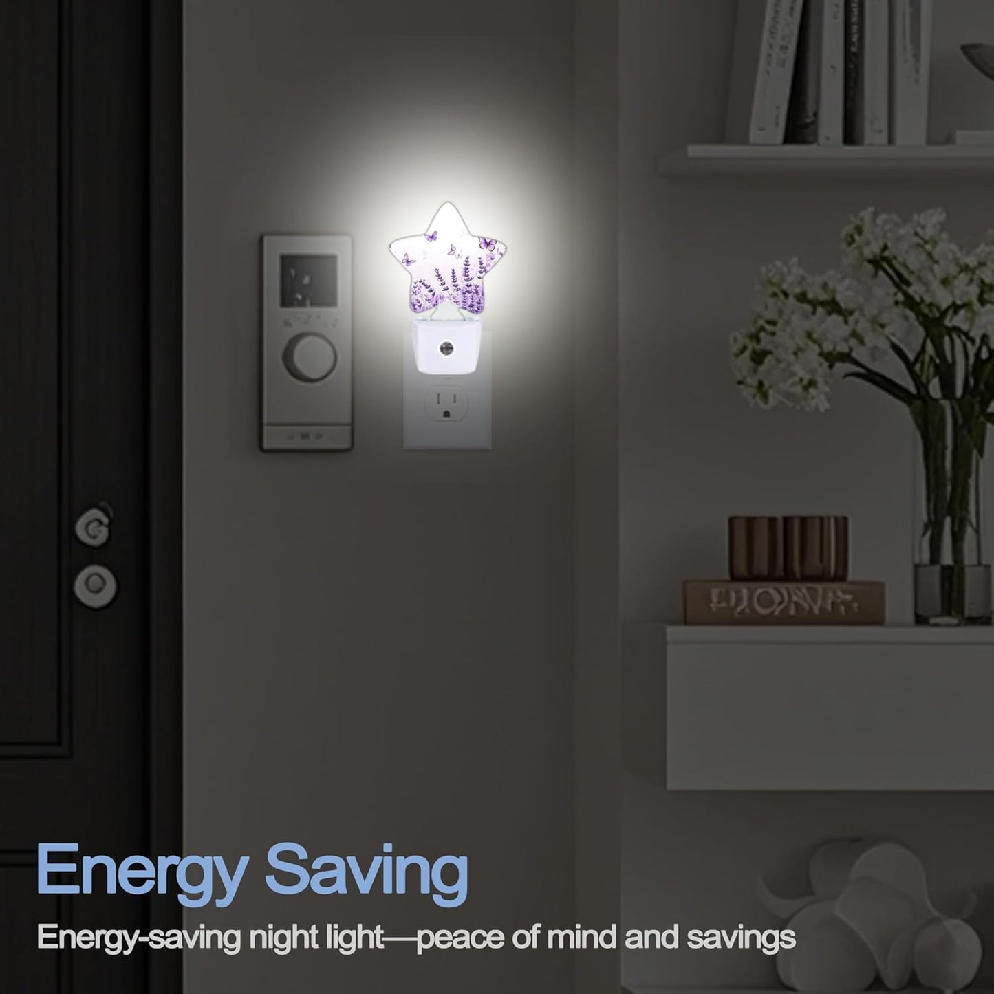 Lavender Butterfly Nightlight,Summer Flowers Star Night Lights Plug into Wall Decorations for Bedroom Bathroom,Dusk to Dawn Sensor Kitchen Hallway Stairs Energy Efficient Desk Lamp