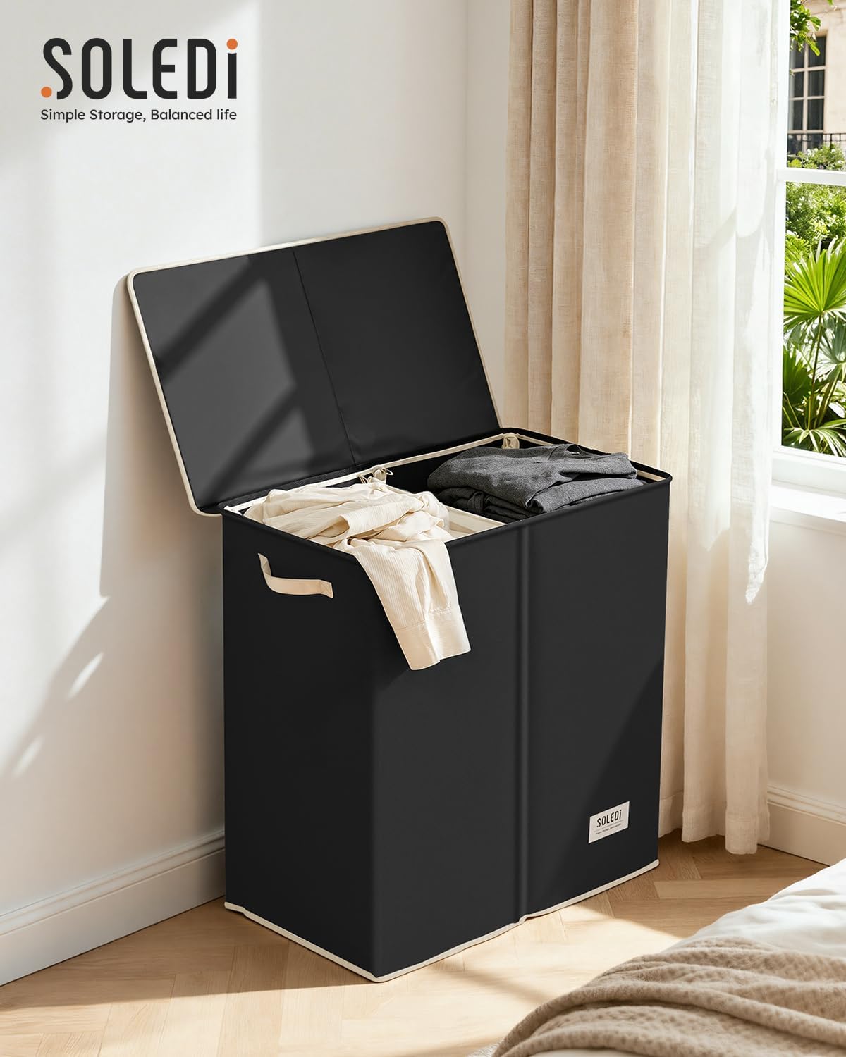 SOLEDI Luxury Double Laundry Hamper with Lid and Removable Bags, 38.3 Gal Large Laundry Bin, Laundry Basket 2 Sections, Collapsible Clothes Hamper for Bedroom, Laundry Room, Bathroom, Off-white