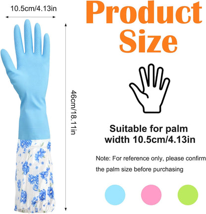 3 Pairs Dishwashing Cleaning Gloves, Reusable Kitchen Long Rubber Gloves with Cotton Lined, Waterproof Non-Slip Latex-Free Household Glove for Laundry Cleaning Working Gardening (Flower)