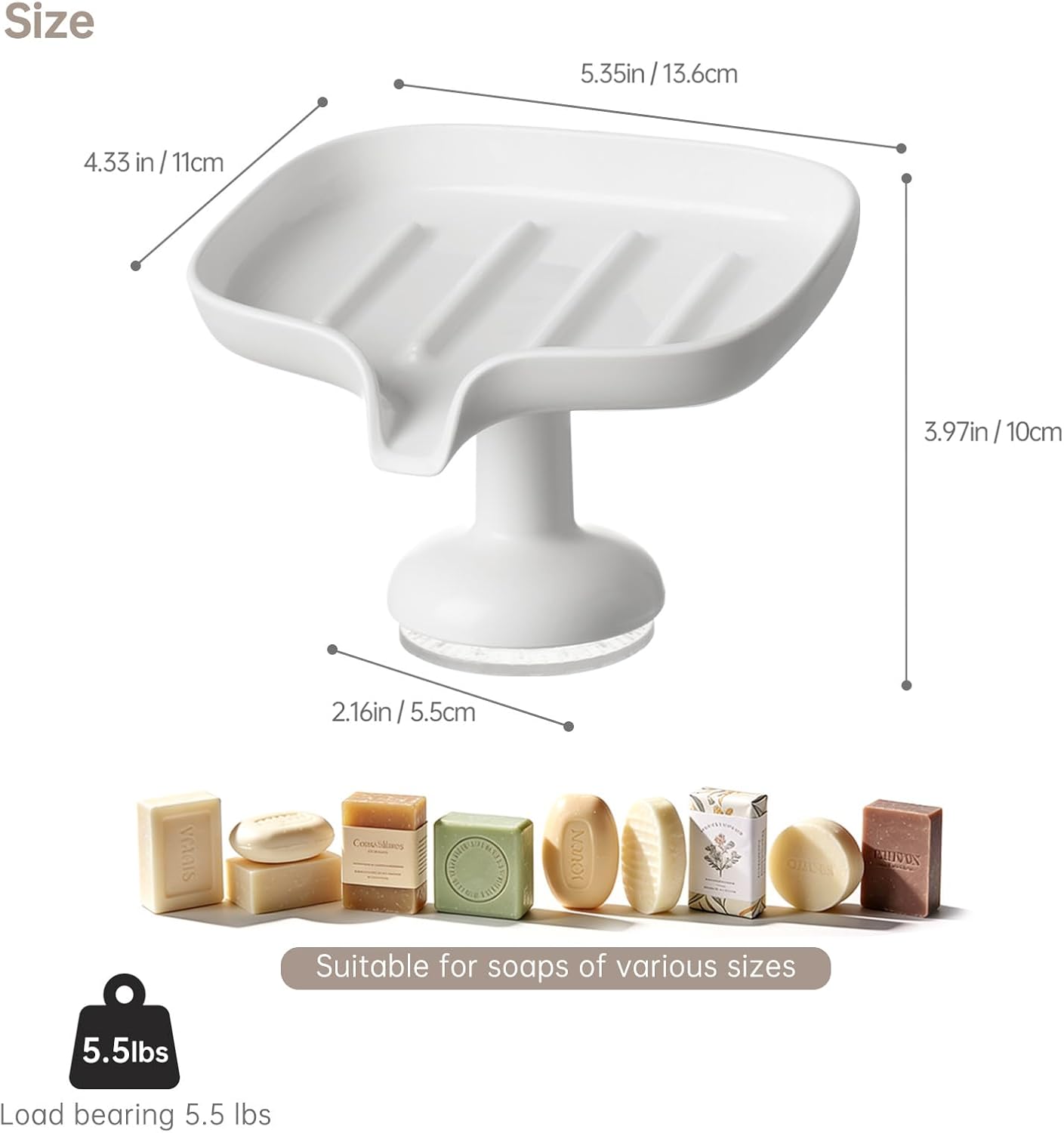 PAVSTINE Self-Draining Soap Dish with Suction Cup, Stand Bar Soap Holder, No Drill Removable Sponge Tray for Shower, Bathroom, Kitchen Sink, Easy to Clean & Keeps Dry, White