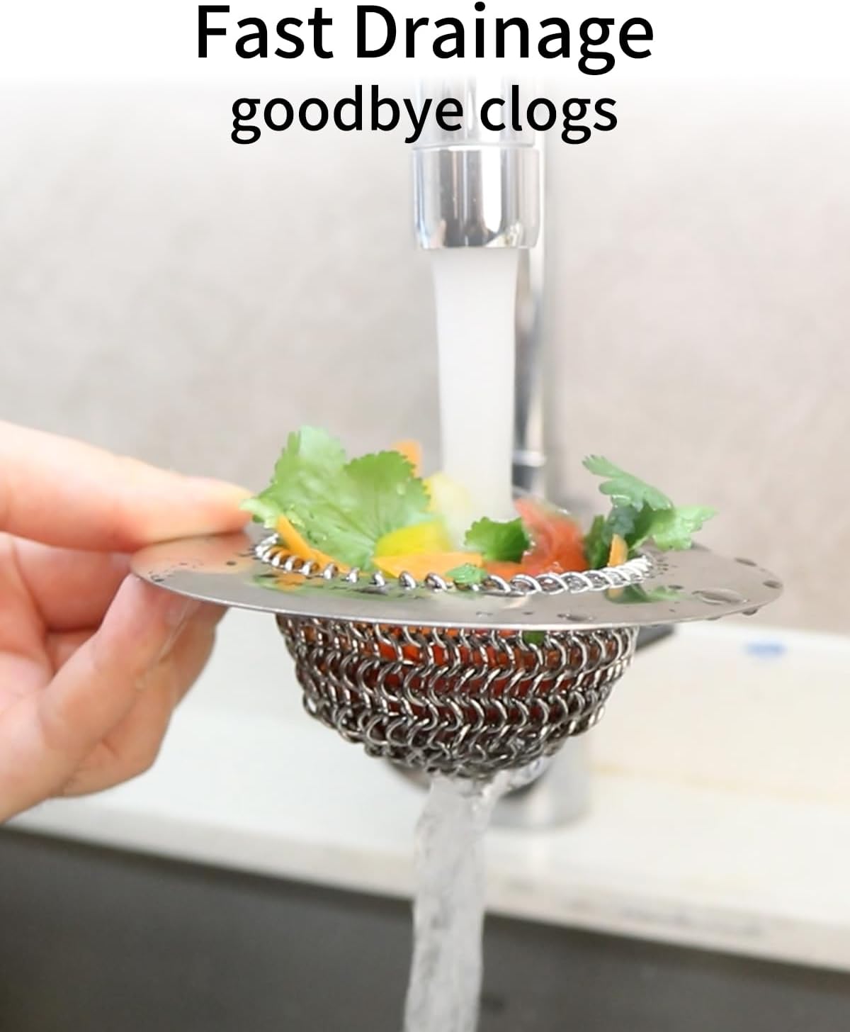 Reversible Kitchen Sink Drain Strainer Basket for Sink & Garbage Disposal | Easy Clean, Anti-Clogging, Fast Drainage, Anti-Slip, Anti-Rust, 304 Stainless Steel, Large Capacity, 4.4",Patented Chain Mesh