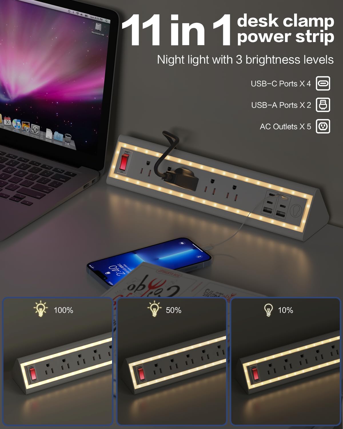 Desk Clamp Power Strip with Nightlight, 40W Fast Charging, 10FT Extension Cord, 4x20W USB-C & 2 USB Ports, 5 AC Outlets, Fits 1.69-Inch Table Edges