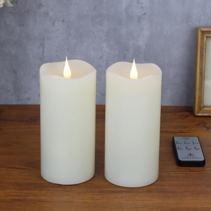 TECHLONG Flameless Candles with Remote Timer, 3D Moving Flickering Flame Battery Operated Candles Lasting 1000+ Hours, 3" x 5" Ivory Real Wax Electric LED Pillar Candles, Set of 2