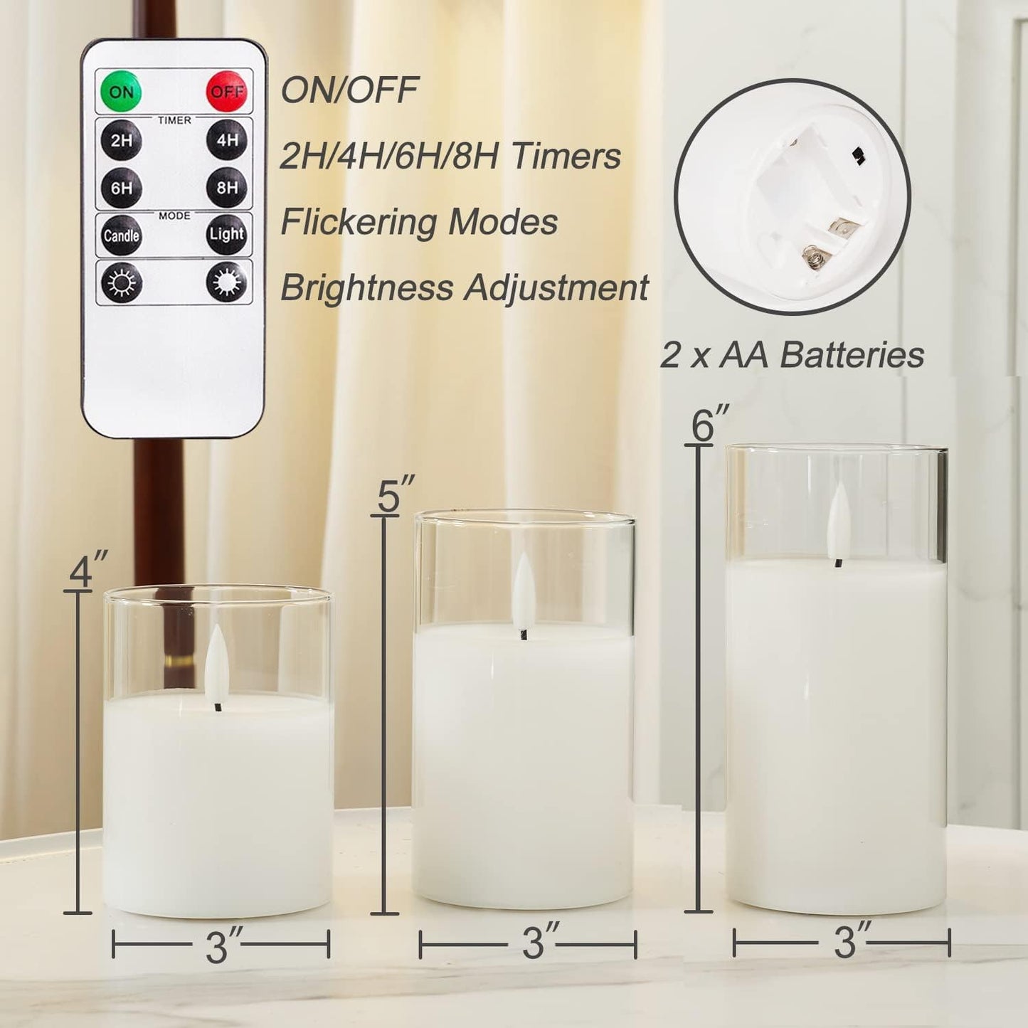 Homemory Green Glass Flameless Candles, Battery Operated LED Pillar Candles with Remote Control and Timer, Radiance Candles, Real Wax, Set of 3,D3 xH4 5" 6"