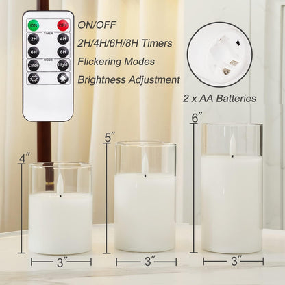 Homemory Green Glass Flameless Candles, Battery Operated LED Pillar Candles with Remote Control and Timer, Radiance Candles, Real Wax, Set of 3,D3 xH4 5" 6"