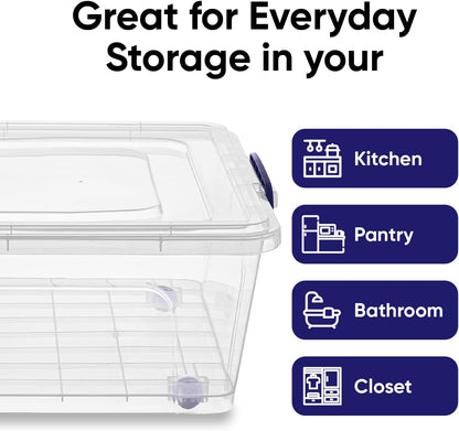 Superio Under Bed Storage Containers with Wheels (2 Pack), Flat Clear Storage Bin Stackable Large Storage Latch Box with Lids Store Cloths, Bedding, Linen, For Under The Bed, Garage, Home