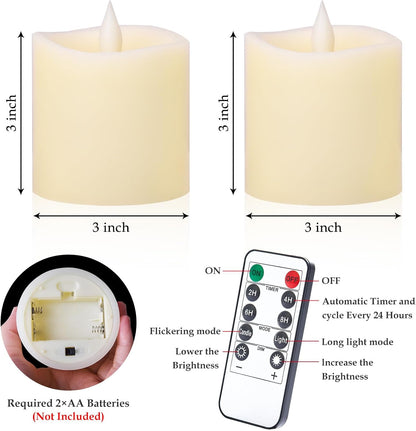 3"x4" Flickering Flameless Battery Candles with Timer, White Realistic LED Pillar Candles, Set of 2 Large Remote-Operated Candles for Home Indoor/Outdoor & Holiday Decor