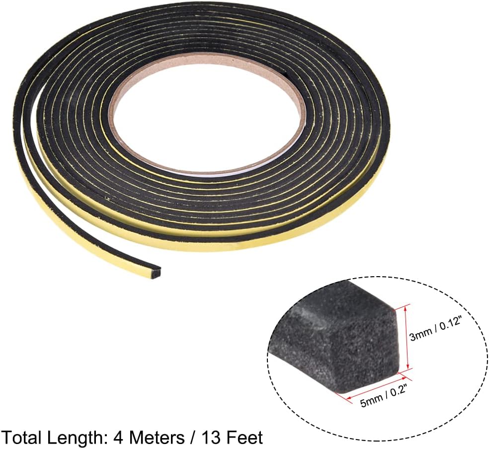 uxcell Sealing Foam Tape 5mm Wide 3mm Thick 4m/13ft Long, Self Adhesive Weather Strip for Window Door Insulation, Pack of 2