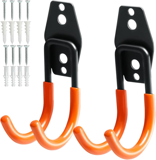 KURUI Heavy Duty Wall Hook for Tool/Water Hose, Garden Hose Holder Wall Mount for Indoors Outside, 2 Pack Garage Storage Hanger for Hanging Shovel/Ladder/Extension Cord, Metal Utility Hook Organizer