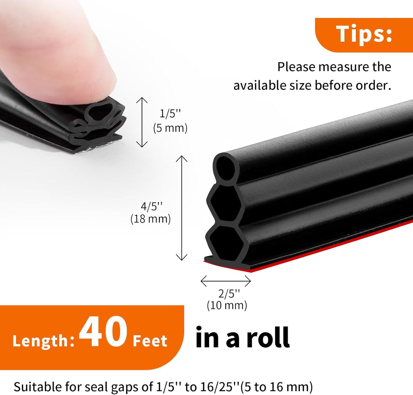 40 Feet Self-Adhesive Rubber Weather Stripping Fits Big Gaps, Extra Thick Rubber Door Weather Stripping Door Seal Strip for Door Frame Door Insulation Strip Waterproof(White)