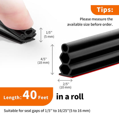 40 Feet Self-Adhesive Rubber Weather Stripping Fits Big Gaps, Extra Thick Rubber Door Weather Stripping Door Seal Strip for Door Frame Door Insulation Strip Waterproof(White)