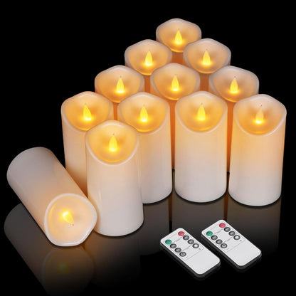 Outdoor Indoor Flameless Candles, Patented 3D Dual-LED, Set of 6 Slanted Top Durable Plastic Pillars with 2 Remotes & Timer, Non-Melting Waterproof Battery Candles for Patio Garden (Ivory)