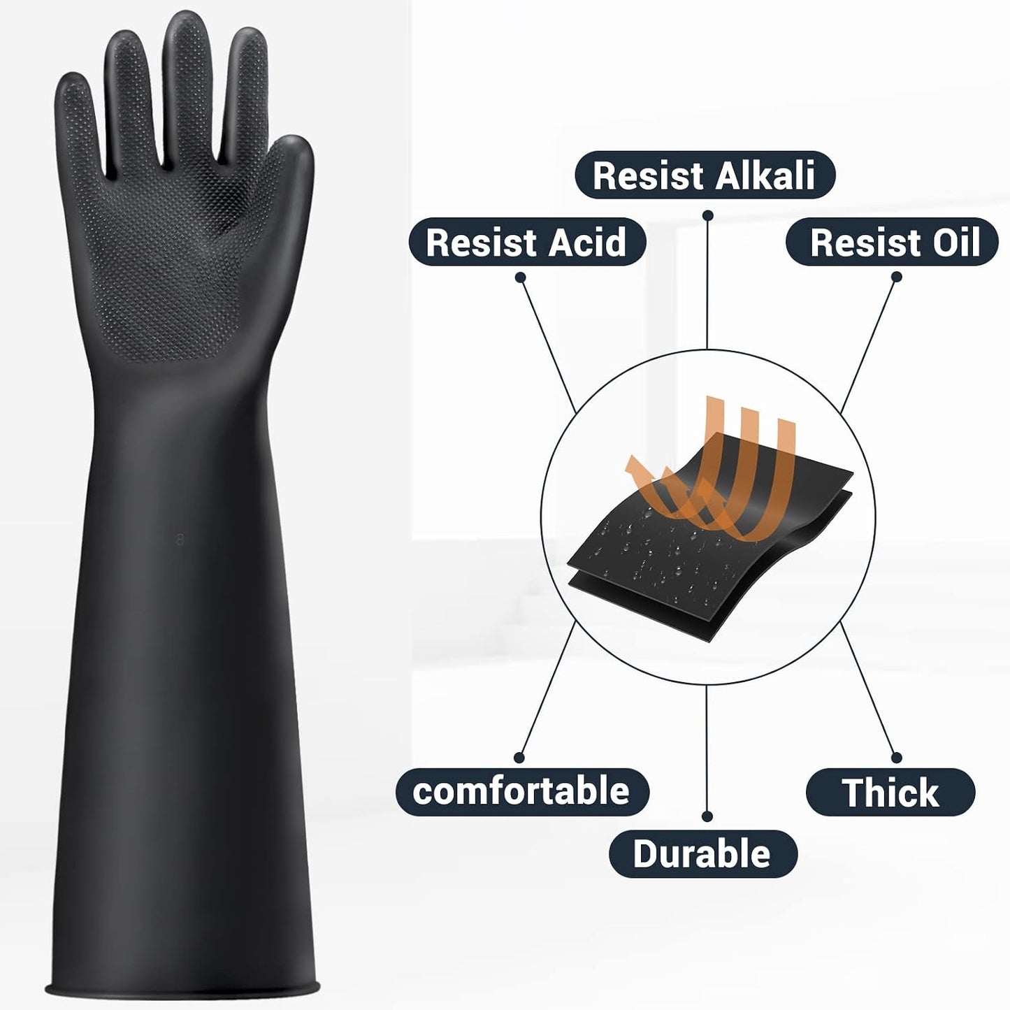 Black Rubber Gloves Extra Large, 22" Long Chemical Resistant Gloves, Waterproof Reusable Dishwashing Household Cleaning Safety Work Heavy Duty Industrial Rubber Glove, 1 Pair XXL
