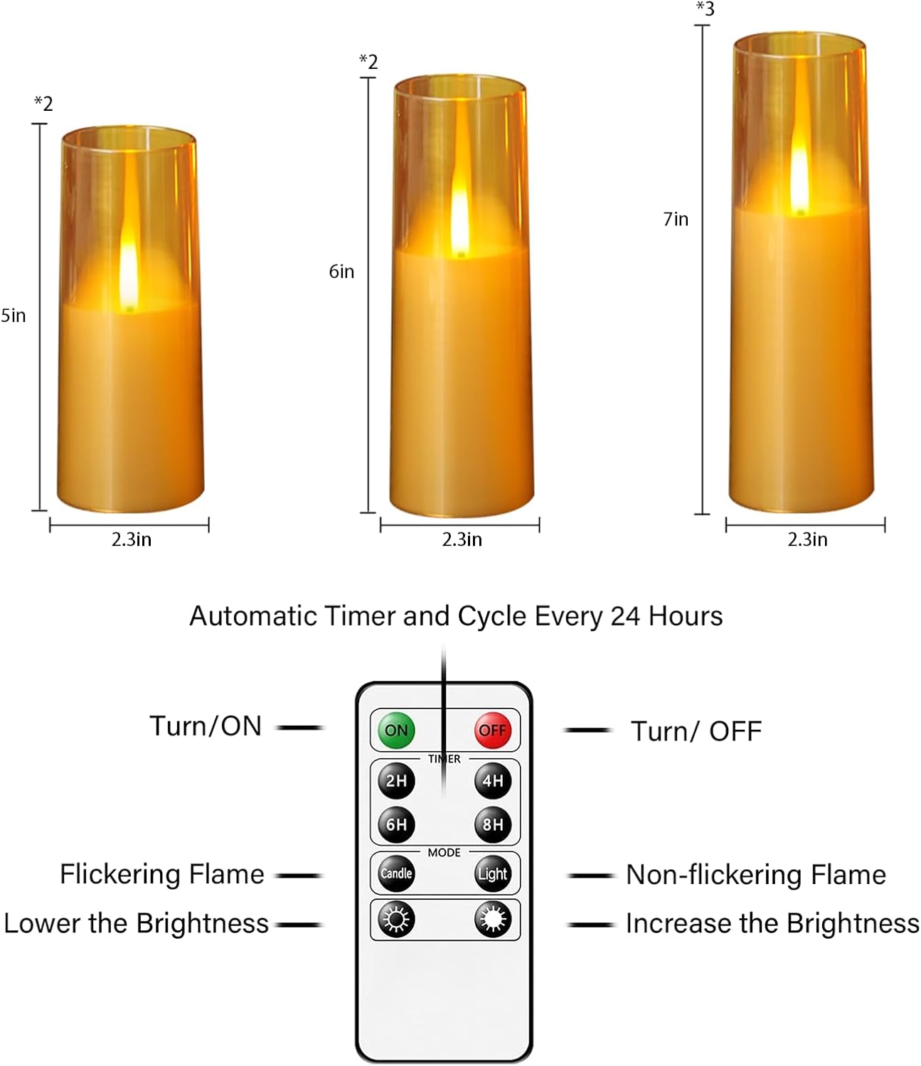 kakoya Flameless Candles Upgraded Realistic Flickering Flame,Battery Operated LED Candles with Remote Timers,Acrylic Electric Candles Set of 3(D 3" xH 4" 5" 6")（Grey）