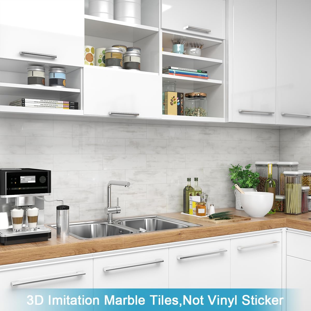 BeNice Peel and Stick Backsplash for Kitchen Tile,Peel and Stick Tiles for Walls Tile Stickers Waterproof Marble Tile Backsplash 3.85"x11.73"(16Tiles) White Gray