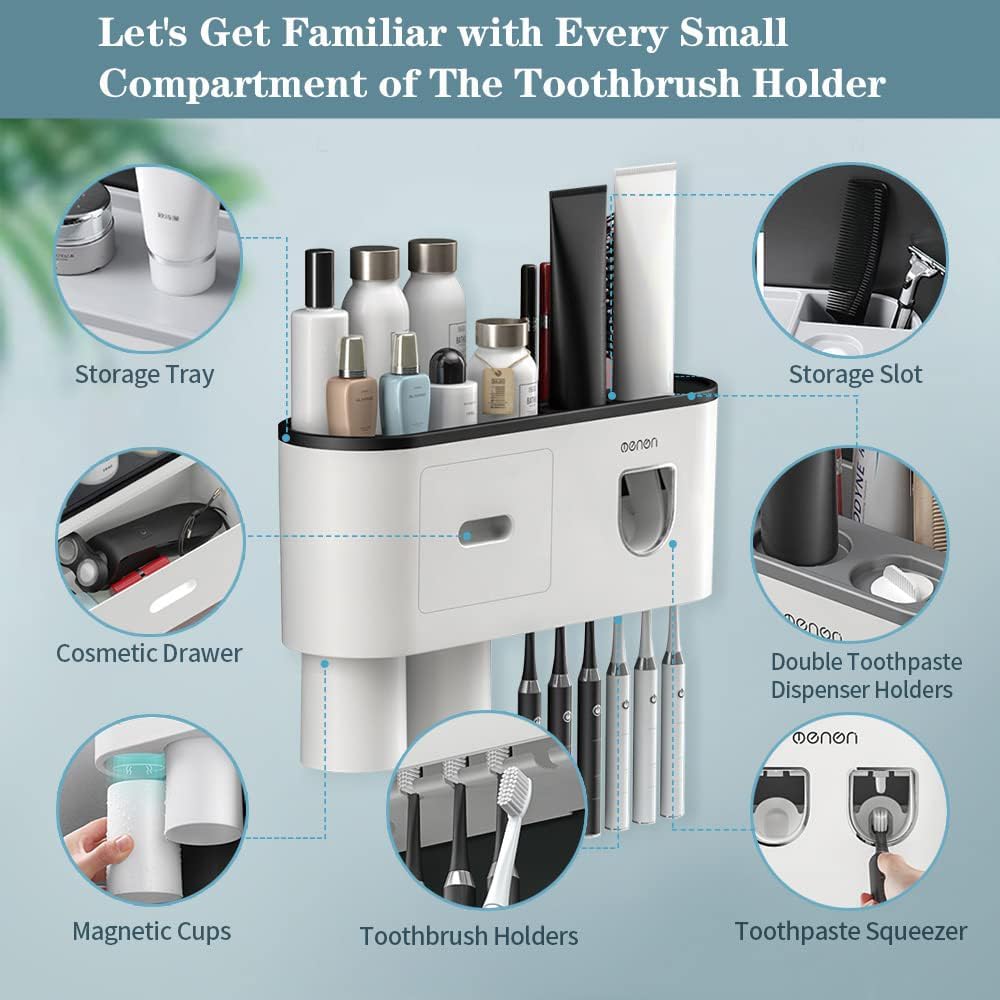 Toothbrush Holders for Bathrooms Wall Mounted, 6 Slot Toothbrush Holder with 2 Automatic Toothpaste Dispensers, 2 Magnetic Cups, Large Capacity Bathroom Organizer, Wall Storage with Drawer