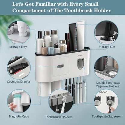 Toothbrush Holders for Bathrooms Wall Mounted, 6 Slot Toothbrush Holder with 2 Automatic Toothpaste Dispensers, 2 Magnetic Cups, Large Capacity Bathroom Organizer, Wall Storage with Drawer
