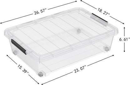 Hespama 3 Pack Plastic Rolling Storage Box Bin for Under the Bed, 20 Quart | Lidded Storage Container Bin, Clear